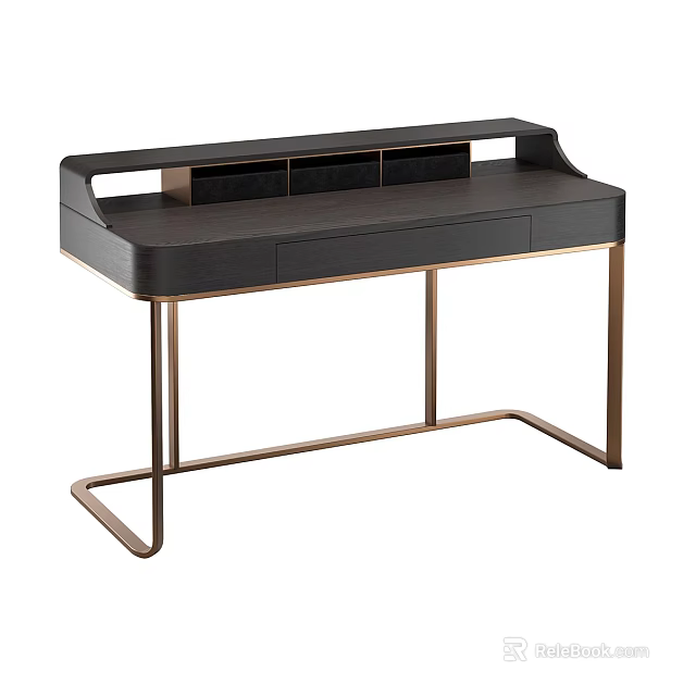 Modern Dark Wood Dressing Table With Brass Metal Legs And Drawer Storage 3d model 