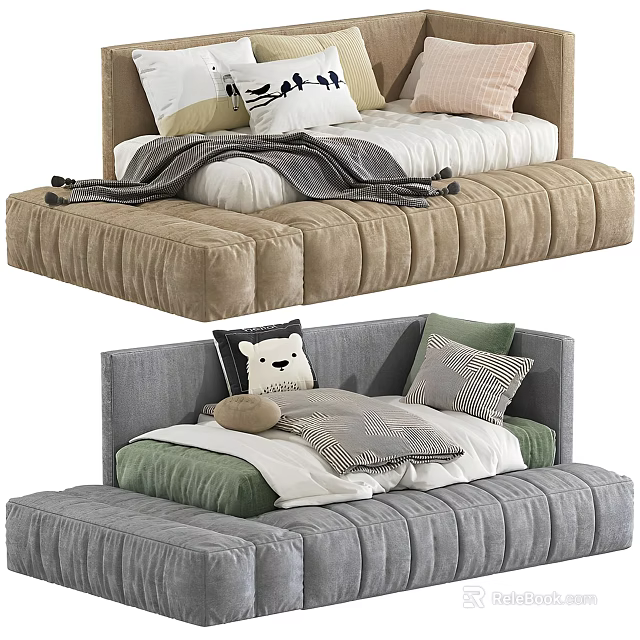Tufted Upholstered Kids Bed In Beige Gray Velvet With Stuffed Bear And Pillows 3d model 