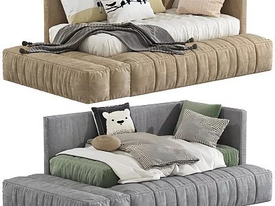 Tufted Upholstered Kids Bed In Beige Gray Velvet With Stuffed Bear And Pillows 3d model