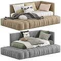 Tufted Upholstered Kids Bed In Beige Gray Velvet With Stuffed Bear And Pillows