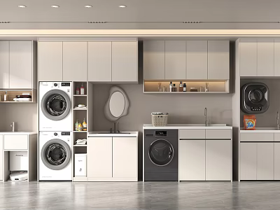 Modern Laundry Room Interior With Double Washers Cabinets Sink And Open Shelves 3d model