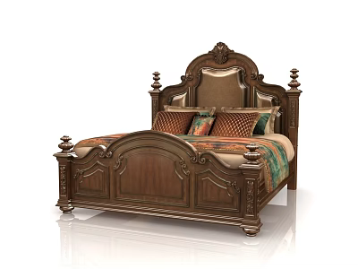 Classic Ornate Wooden Double Bed With Carved Headboard And Decorative Pillows 3d model