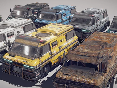 Colorful Modified Off Road Vehicles Including Yellow Blue And Rustic Trucks 3d model