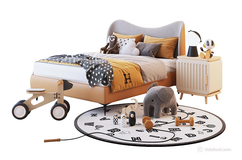 Kids Bed with Wheels Gray Beige Headboard Nightstand Lamp and Alphabet Rug Toys 3d model 