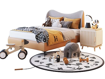 Kids Bed with Wheels Gray Beige Headboard Nightstand Lamp and Alphabet Rug Toys 3d model
