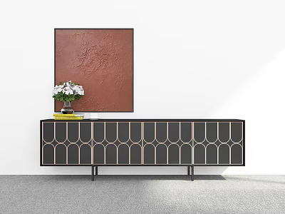 Modern Geometric TV Stand With Black Gold Design White Flowers And Abstract Painting 3d model
