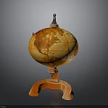 Vintage Orange Globe With Wooden Curved Stand And Red Meridians Parallels