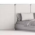 Modern Double Bed with Upholstered Gray Green Headboard Gold Accent Pillows and Soft Blanket Design
