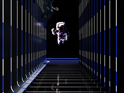 Futuristic KTV Lounge Featuring Blue Lighting Astronaut Decor And Stage Area 3d model