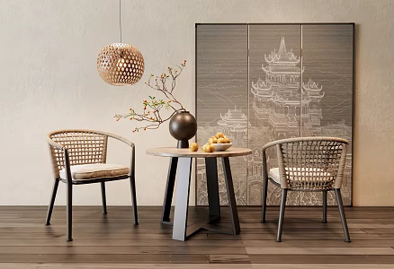 Quiet Style Leisure Table and Chair Bamboo Chandelier Screen Rattan Outdoor Chair 3d model
