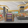 Supermarket Grocery Store with Fresh Fruits Bread Snacks Drinks and Cartoon Figure in Bright Interior
