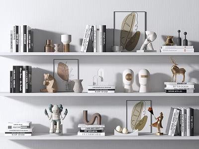 Decorative Ornaments Set With Books Sculptures Framed Leaf Art And Animal Figurines On Shelves 3d model