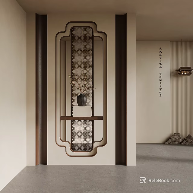 Traditional Chinese Interior Design With Lattice Screen And Decorative Vase 3d model 