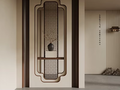 Traditional Chinese Interior Design With Lattice Screen And Decorative Vase 3d model
