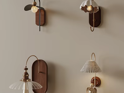 Different Contemporary Wall Lamps With Wooden Bases And Glass Lampshades Design 3d model