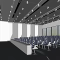 Modern Meeting Room Interior Design With Blue Chairs Podium Large Screen and Windows