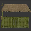 Rural Scene Components With Thatched Roof Green Frames And Wooden Fences