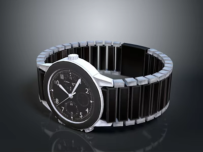 Stylish Modern Wristwatch With Black Dial And Silver Stainless Steel Band 3d model
