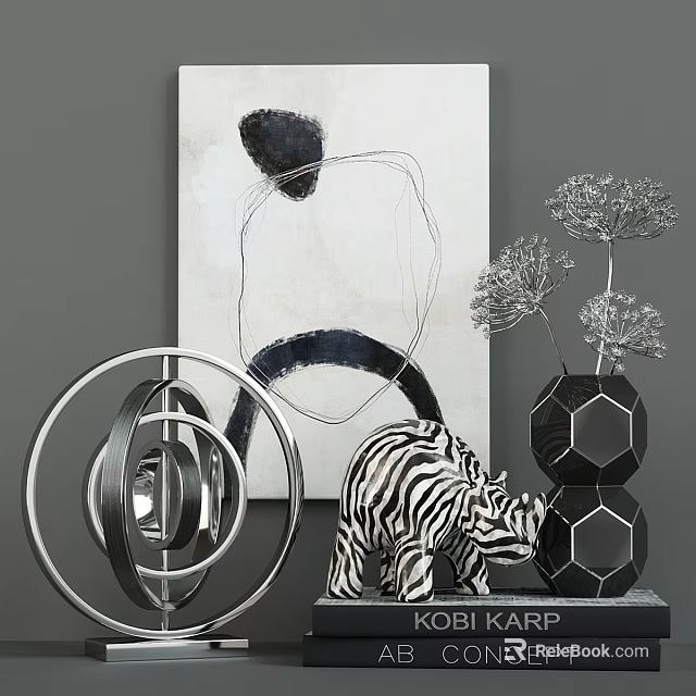 Modern Single Bed With Zebra Print Ornament Silver Sculpture Black Vase And Abstract Art 3d model 