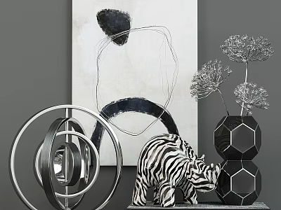 Modern Single Bed With Zebra Print Ornament Silver Sculpture Black Vase And Abstract Art 3d model