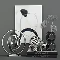 Modern Single Bed With Zebra Print Ornament Silver Sculpture Black Vase And Abstract Art