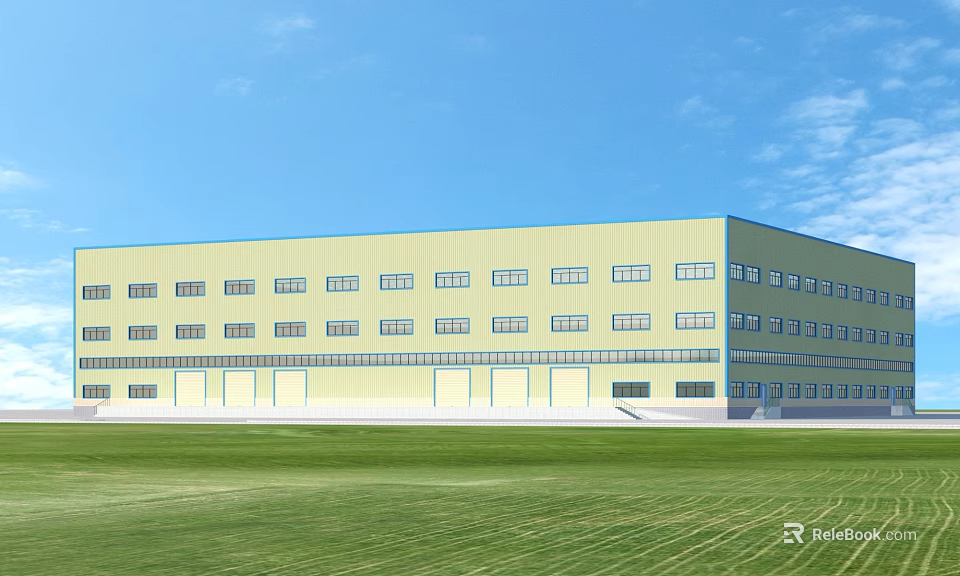 Industrial Factory Building With Light Yellow Exterior Many Windows Green Lawn Front And Blue Sky 3d model 
