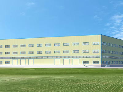 Industrial Factory Building With Light Yellow Exterior Many Windows Green Lawn Front And Blue Sky 3d model