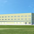 Industrial Factory Building With Light Yellow Exterior Many Windows Green Lawn Front And Blue Sky