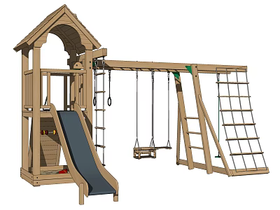 Wooden Outdoor Playground Equipment With Slide Swings Climbing Net Ladder And Playhouse Structure 3d model