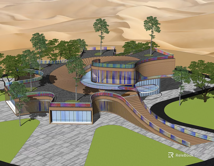 Modern Desert Library Building with Curved Architecture Trees Lawn Pathways Green Roof and Nature Integration 3d model 