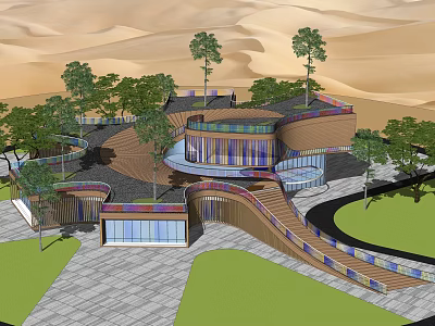 Modern Desert Library Building with Curved Architecture Trees Lawn Pathways Green Roof and Nature Integration 3d model