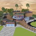 Modern Desert Library Building with Curved Architecture Trees Lawn Pathways Green Roof and Nature Integration