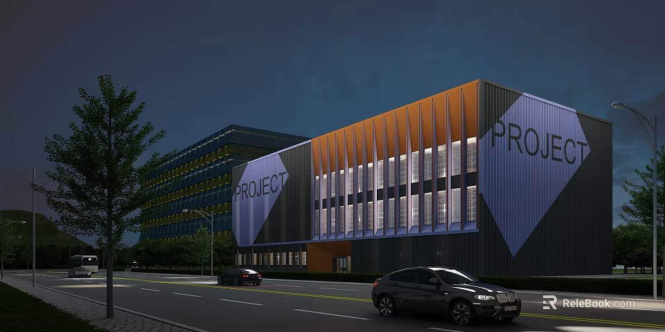 Industrial Factory Building Night View With Orange Blue Facade PROJECT Signage Road Cars And Trees 3d model 