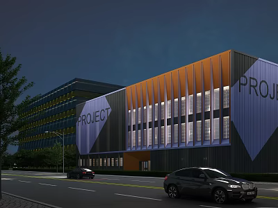 Industrial Factory Building Night View With Orange Blue Facade PROJECT Signage Road Cars And Trees 3d model