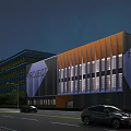 Industrial Factory Building Night View With Orange Blue Facade PROJECT Signage Road Cars And Trees
