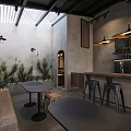 Stylish Modern Café Interior With Open Layout Bar Counter Wooden Tables And Green Plants