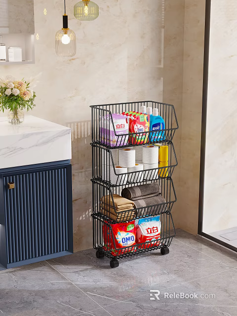 Multi Tiered Metal Bathroom Cabinet Rack With Toilet Paper Towels And Cleaning Supplies 3d model 