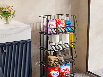 Multi Tiered Metal Bathroom Cabinet Rack With Toilet Paper Towels And Cleaning Supplies 3d model