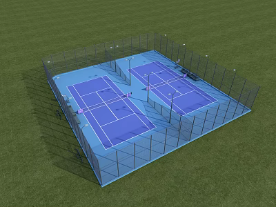 Two Blue Surface Tennis Courts With Fenced Area Green Grass Surrounding For Sports Fitness 3d model