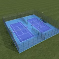 Two Blue Surface Tennis Courts With Fenced Area Green Grass Surrounding For Sports Fitness 3d model