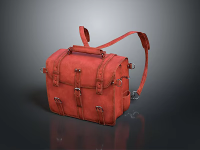 Red Vintage Leather Luggage Handbag With Adjustable Straps And Metal Buckles 3d model