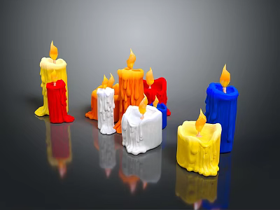 Colorful Decorative Candle Lamp For Interior Decor With Burning Flames Melted Wax And Reflections 3d model