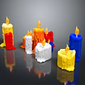 Colorful Decorative Candle Lamp For Interior Decor With Burning Flames Melted Wax And Reflections