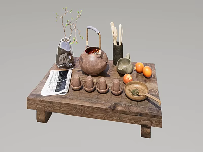 Traditional Teaware on Wooden Tea Table with Clay Teapot Cups Oranges Magazine Vase and Spoons 3d model