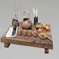 Traditional Teaware on Wooden Tea Table with Clay Teapot Cups Oranges Magazine Vase and Spoons
