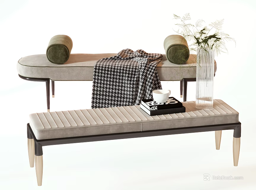 Light Gray Upholstered Sofa Bench With Plaid Blanket Wooden Legs And Glass Vase Decor 3d model 
