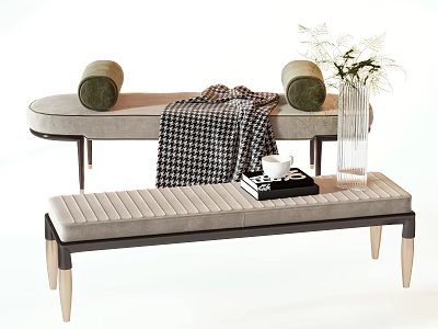 Light Gray Upholstered Sofa Bench With Plaid Blanket Wooden Legs And Glass Vase Decor 3d model