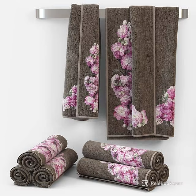Brown Towels With Pink Floral Patterns Rolled And Hanging Decorative Design 3d model