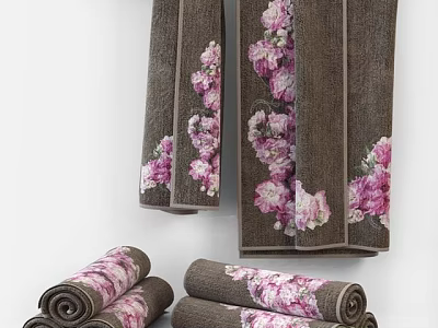 Brown Towels With Pink Floral Patterns Rolled And Hanging Decorative Design 3d model