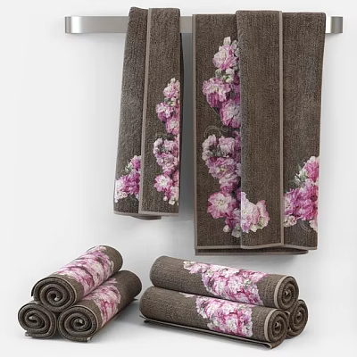 Brown Towels With Pink Floral Patterns Rolled And Hanging Decorative Design 3d model